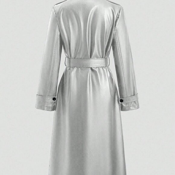 Silver Elegant Women's Long Sleeve Double-Breasted Trench Coat - Picture 3 of 11